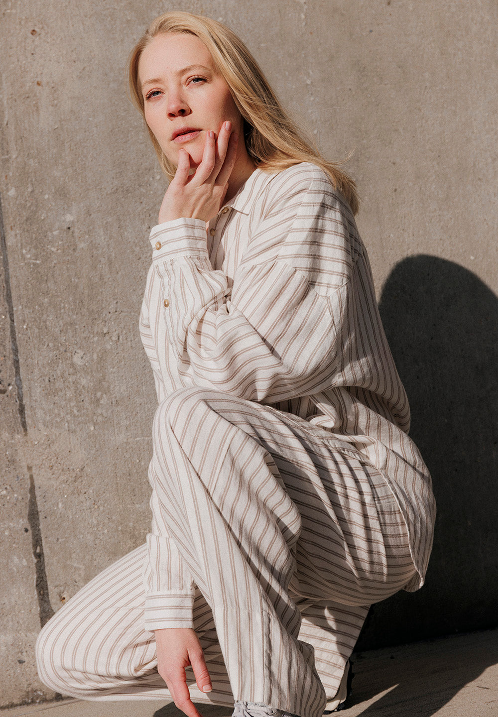 Rethinkit Stribet Bukser PJ Trousers 0076 warm grey stripe